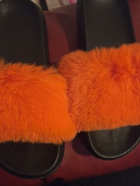 Orange Faux Fur Slide Sandals